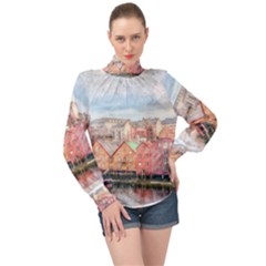 Architecture City Buildings River High Neck Long Sleeve Chiffon Top