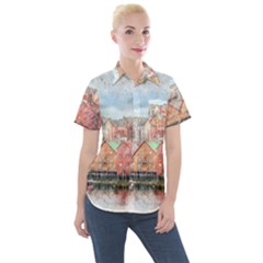 Architecture City Buildings River Women s Short Sleeve Pocket Shirt