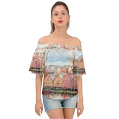 Architecture City Buildings River Off Shoulder Short Sleeve Top by Simbadda