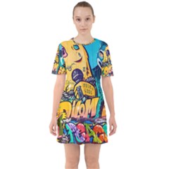 Graffiti Street Art Mountains Wall Sixties Short Sleeve Mini Dress by Simbadda