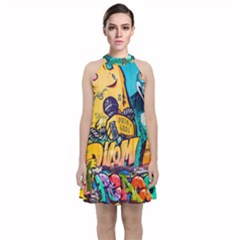 Graffiti Street Art Mountains Wall Velvet Halter Neckline Dress  by Simbadda