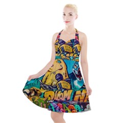 Graffiti Street Art Mountains Wall Halter Party Swing Dress  by Simbadda