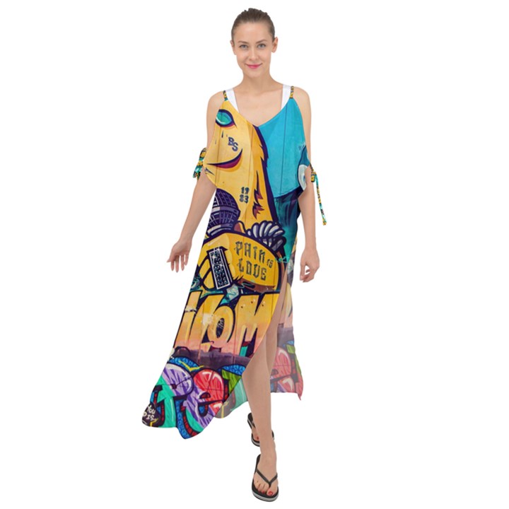 Graffiti Street Art Mountains Wall Maxi Chiffon Cover Up Dress