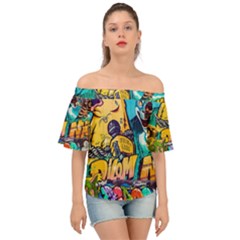 Graffiti Street Art Mountains Wall Off Shoulder Short Sleeve Top