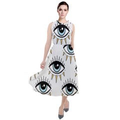 Eyes Pattern Round Neck Boho Dress