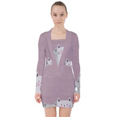 Cute Cats V-neck Bodycon Long Sleeve Dress by Valentinaart