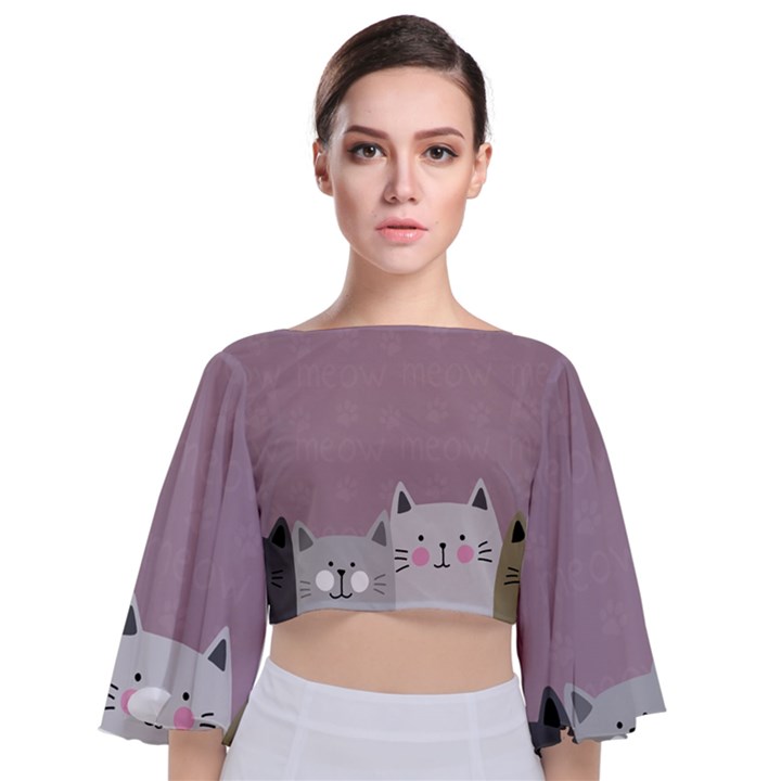 Cute Cats Tie Back Butterfly Sleeve Chiffon Top