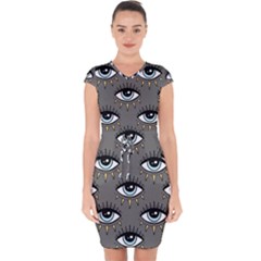 Eyes Pattern Capsleeve Drawstring Dress 