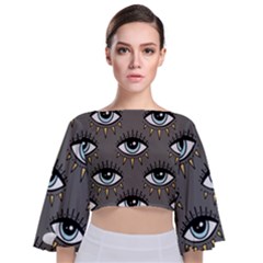 Eyes Pattern Tie Back Butterfly Sleeve Chiffon Top by Valentinaart