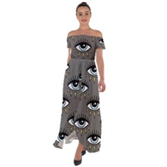 Eyes Pattern Off Shoulder Open Front Chiffon Dress