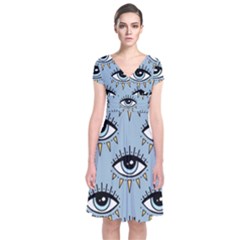 Eyes Pattern Short Sleeve Front Wrap Dress