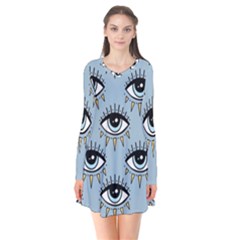 Eyes Pattern Long Sleeve V-neck Flare Dress