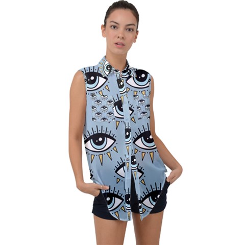 Eyes Pattern Sleeveless Chiffon Button Shirt by Valentinaart