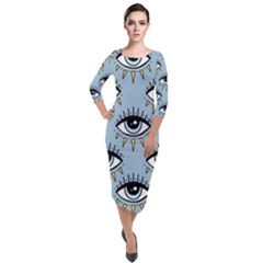 Eyes Pattern Quarter Sleeve Midi Velour Bodycon Dress