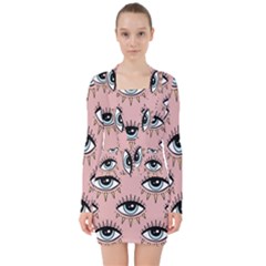 Eyes Pattern V-neck Bodycon Long Sleeve Dress by Valentinaart