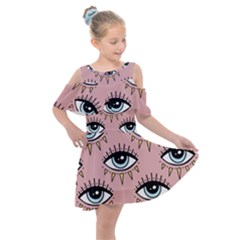 Eyes Pattern Kids  Shoulder Cutout Chiffon Dress