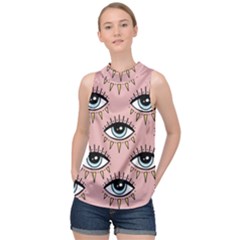 Eyes Pattern High Neck Satin Top by Valentinaart