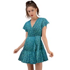 Turquoise Blue Ocean Flutter Sleeve Wrap Dress