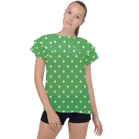 Green Polka Dots Ruffle Collar Chiffon Blouse by retrotoomoderndesigns