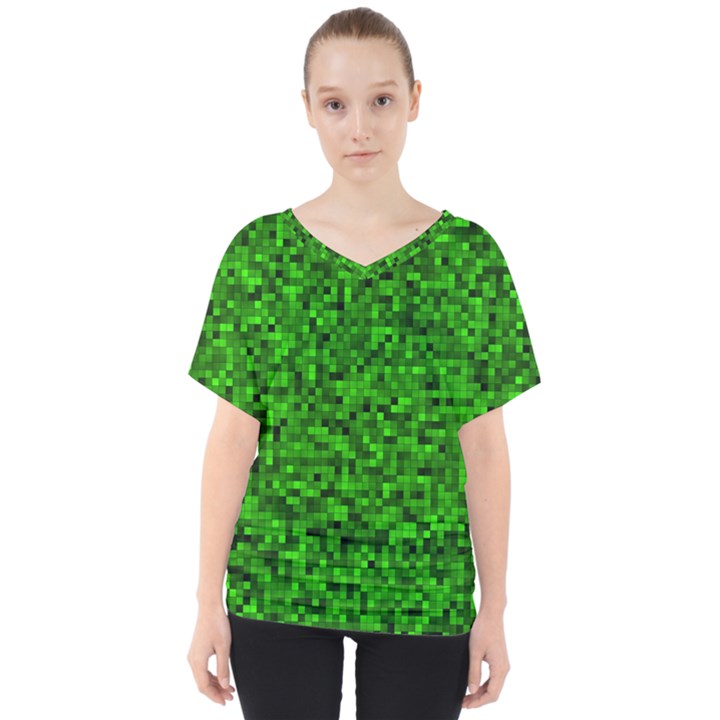 Green Mosaic V-Neck Dolman Drape Top