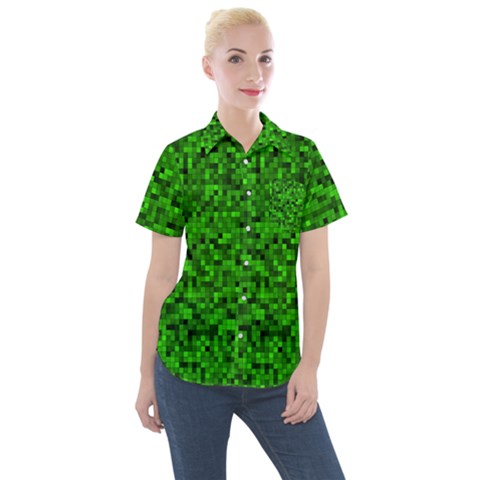 Green Mosaic Women s Short Sleeve Pocket Shirt by retrotoomoderndesigns