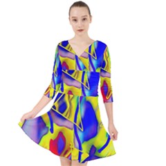 Yellow Triangles Abstract Quarter Sleeve Front Wrap Dress by bloomingvinedesign