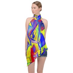 Yellow Triangles Abstract Halter Asymmetric Satin Top by bloomingvinedesign