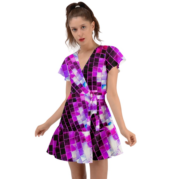 Purple Disco Ball Flutter Sleeve Wrap Dress