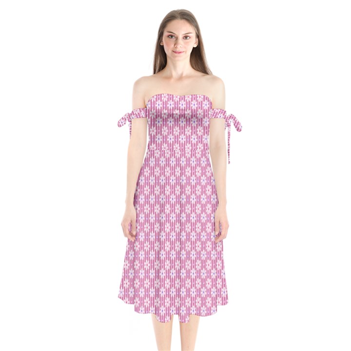 Pretty Pink Flowers Shoulder Tie Bardot Midi Dress