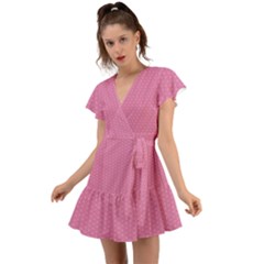 Polka Dotted Pinks Flutter Sleeve Wrap Dress