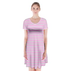 Pink Stripes Horizontal Short Sleeve V-neck Flare Dress by retrotoomoderndesigns