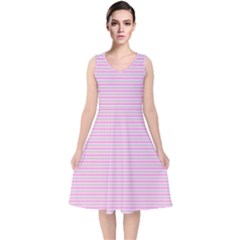 Pink Stripes Horizontal V-neck Midi Sleeveless Dress  by retrotoomoderndesigns