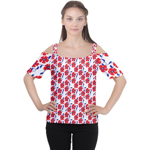 Red Flowers Blue Vines Cutout Shoulder Tee by bloomingvinedesign