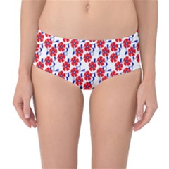 Red Flowers Blue Vines Mid-waist Bikini Bottoms by bloomingvinedesign