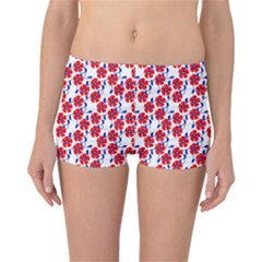 Red Flowers Blue Vines Reversible Boyleg Bikini Bottoms by bloomingvinedesign