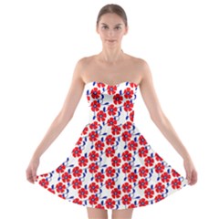 Red Flowers Blue Vines Strapless Bra Top Dress by bloomingvinedesign