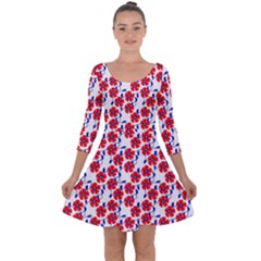 Red Flowers Blue Vines Quarter Sleeve Skater Dress by bloomingvinedesign