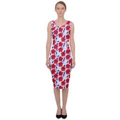 Red Flowers Blue Vines Sleeveless Pencil Dress