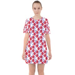 Red Flowers Blue Vines Sixties Short Sleeve Mini Dress