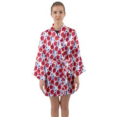 Red Flowers Blue Vines Long Sleeve Satin Kimono by bloomingvinedesign