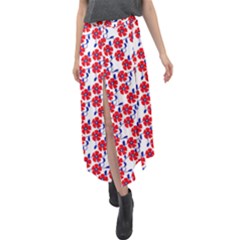 Red Flowers Blue Vines Velour Split Maxi Skirt