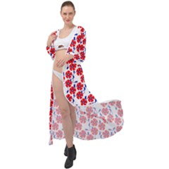 Red Flowers Blue Vines Maxi Chiffon Beach Wrap by bloomingvinedesign