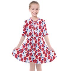 Red Flowers Blue Vines Kids  All Frills Chiffon Dress