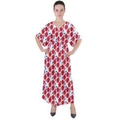 Red Flowers Blue Vines V-neck Boho Style Maxi Dress