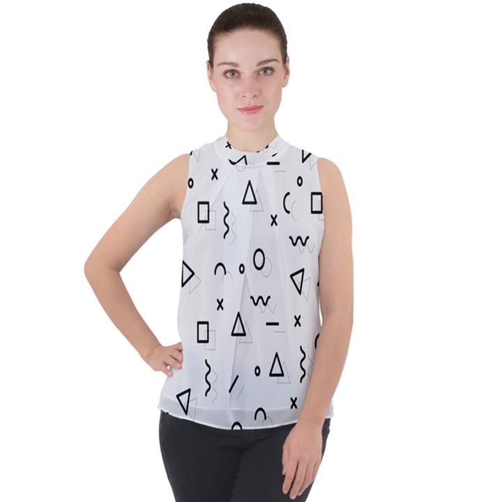 Memphis Pattern Mock Neck Chiffon Sleeveless Top