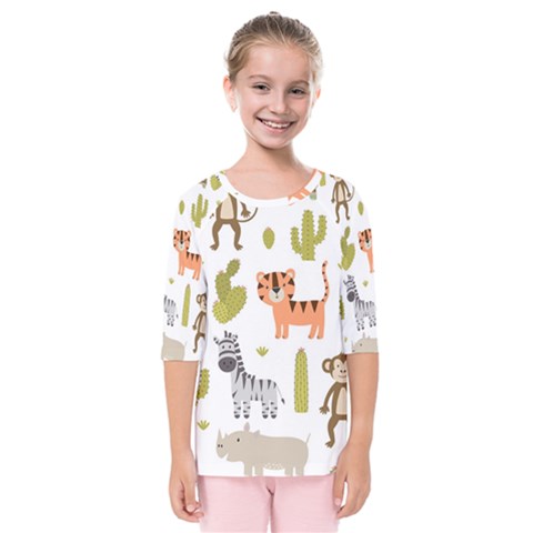 Cute Safari Animals Seamless Pattern Kids  Quarter Sleeve Raglan Tee by Vaneshart