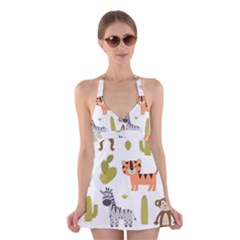 Cute Safari Animals Seamless Pattern Halter Dress Swimsuit  by Vaneshart