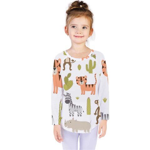 Cute Safari Animals Seamless Pattern Kids  Long Sleeve Tee by Vaneshart