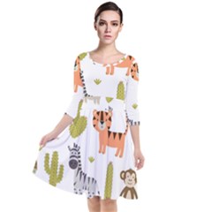 Cute Safari Animals Seamless Pattern Quarter Sleeve Waist Band Dress by Vaneshart