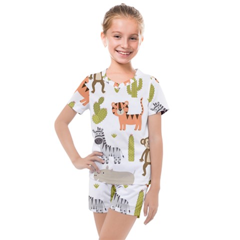 Cute Safari Animals Seamless Pattern Kids  Mesh Tee And Shorts Set by Vaneshart